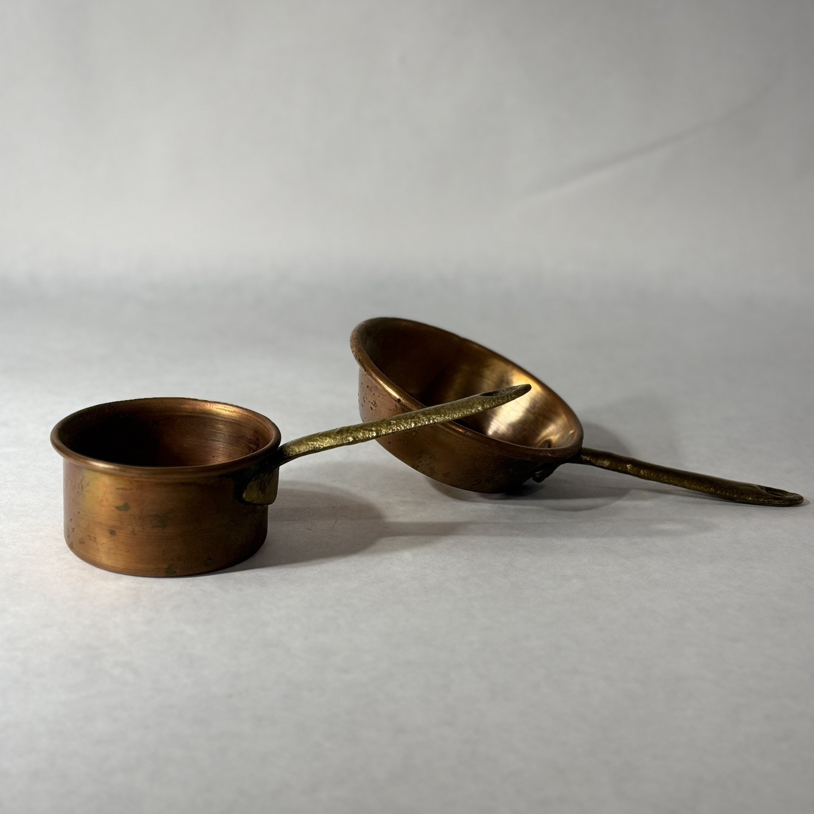 Vintage Solid Copper Mini Saucepans Set of 2 Brass Handles Butter Warmers Rustic