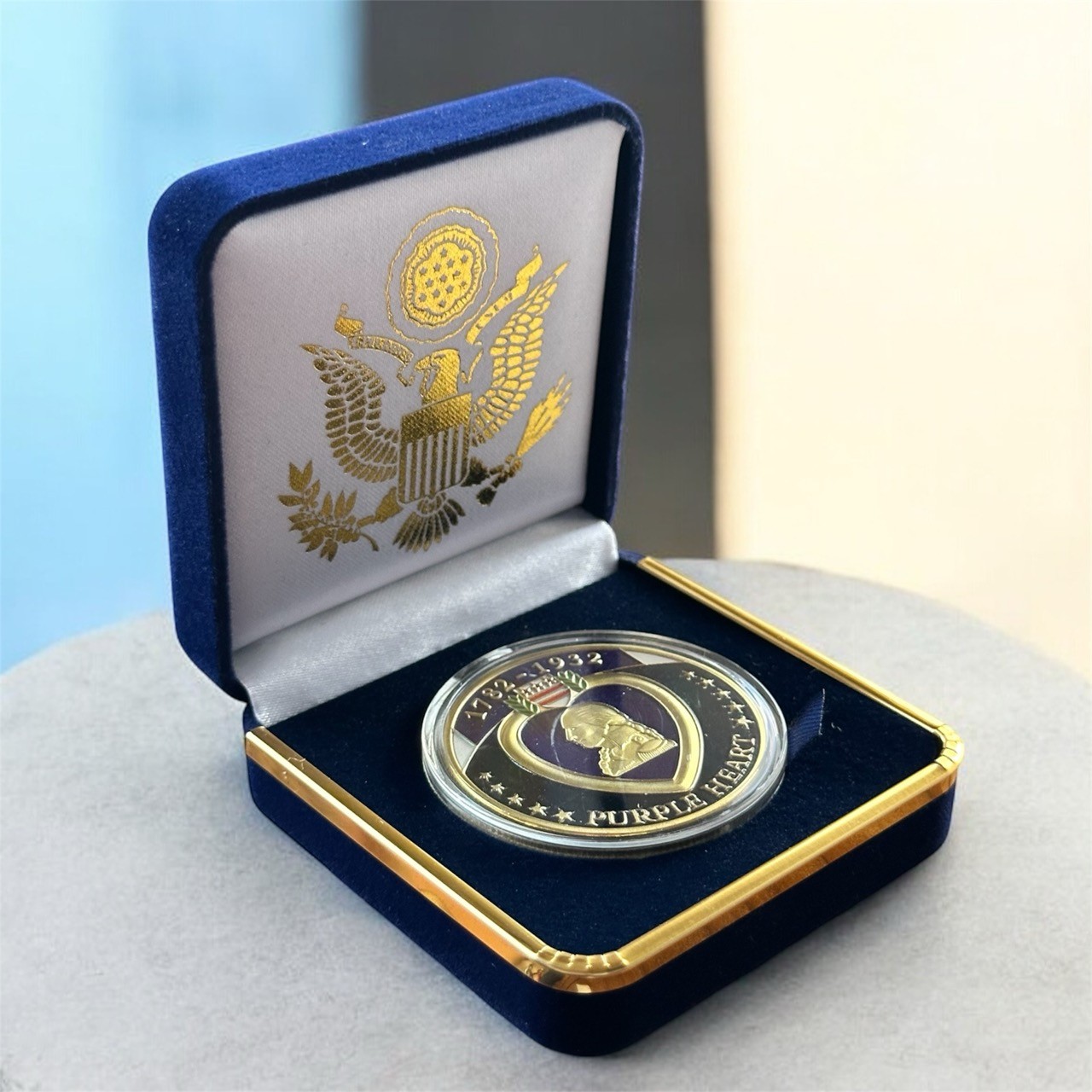 PURPLE HEART FOR MILITARY MERIT CHALLENGE Coin in Blue Velvet Case ·PERFECT GIFT