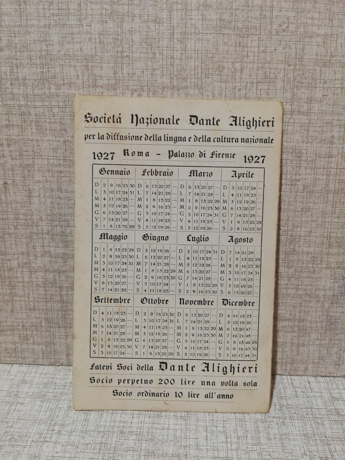 barber calendar 1927 NATIONAL SOCIETY DANTE ALIGHIERI ROME 