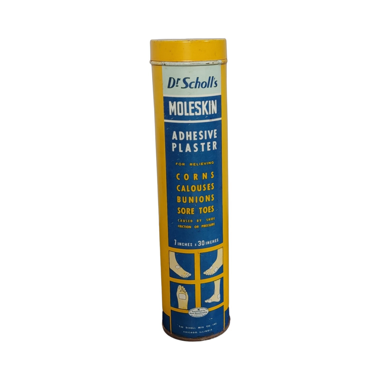 FINE VINTAGE DR. SCHOLL\'S MOLESKIN FOOT PLASTER ADVERTISING TIN / CAN📦