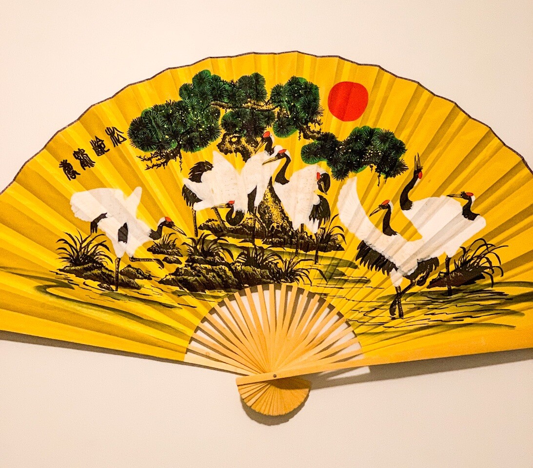 Large 60*35 in Oriental Wall Hanging Folding Fan in White Crane Birds Design