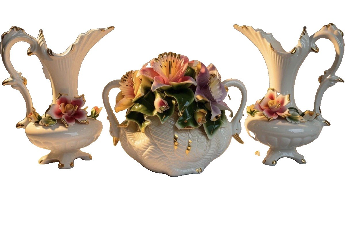 Vintage Capodimonte Porcelain 3-Piece Garniture Set Swan Centerpiece & 12\