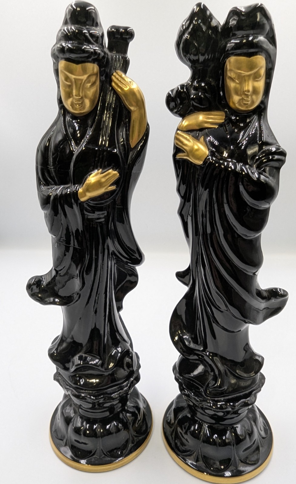 Fostoria Ebony Black Glass #2626 Chinese Lotus & Lute Figurines Trimmed Gold
