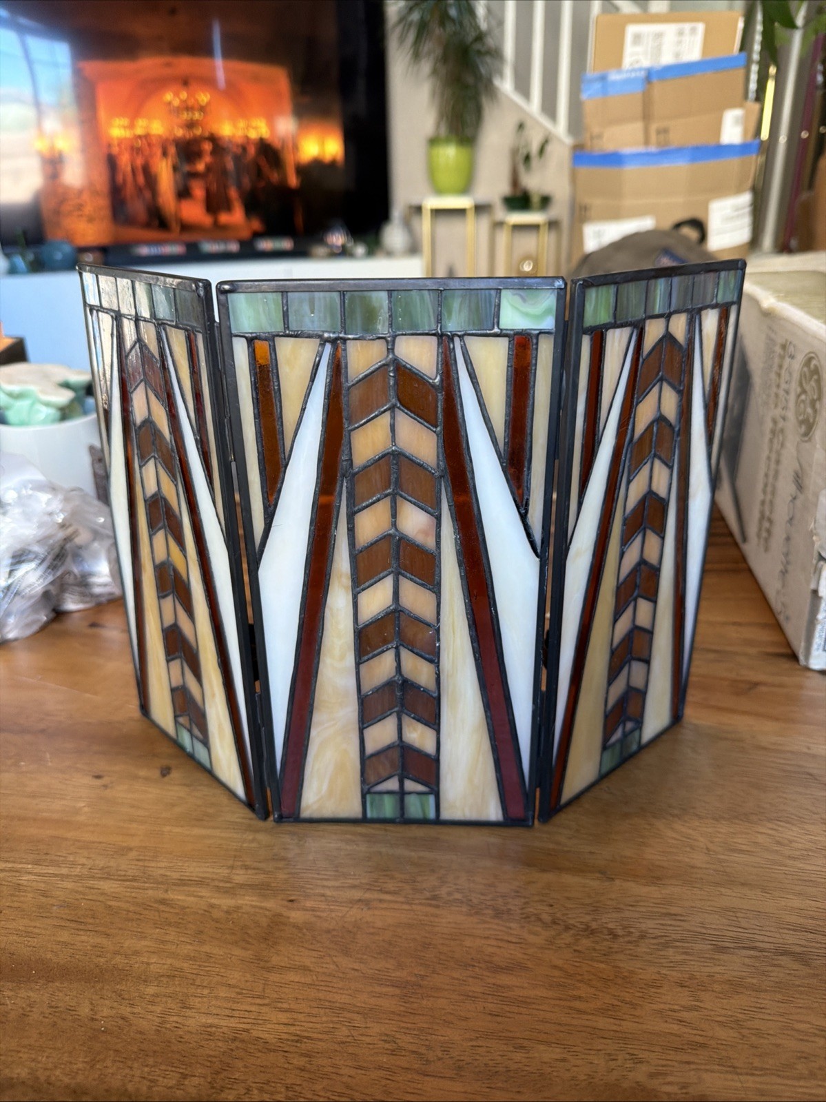 PartyLite Artisan Folding Screen Candle Holder Stained Glass Tiffany Style Deco