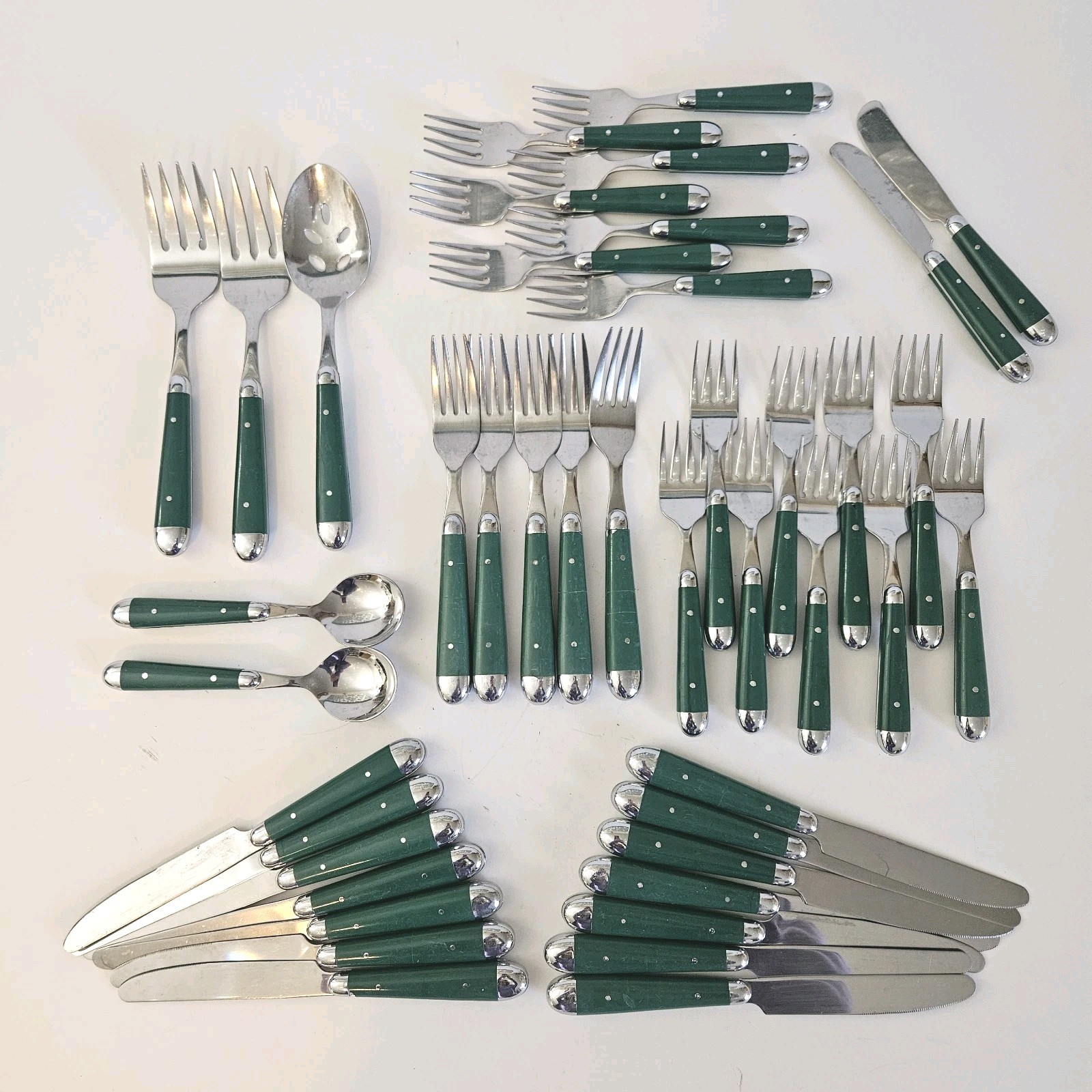 VTG Oneida Stainless Steel 42 Pc Green Handle Flatware Rivet MCM Replacement USA