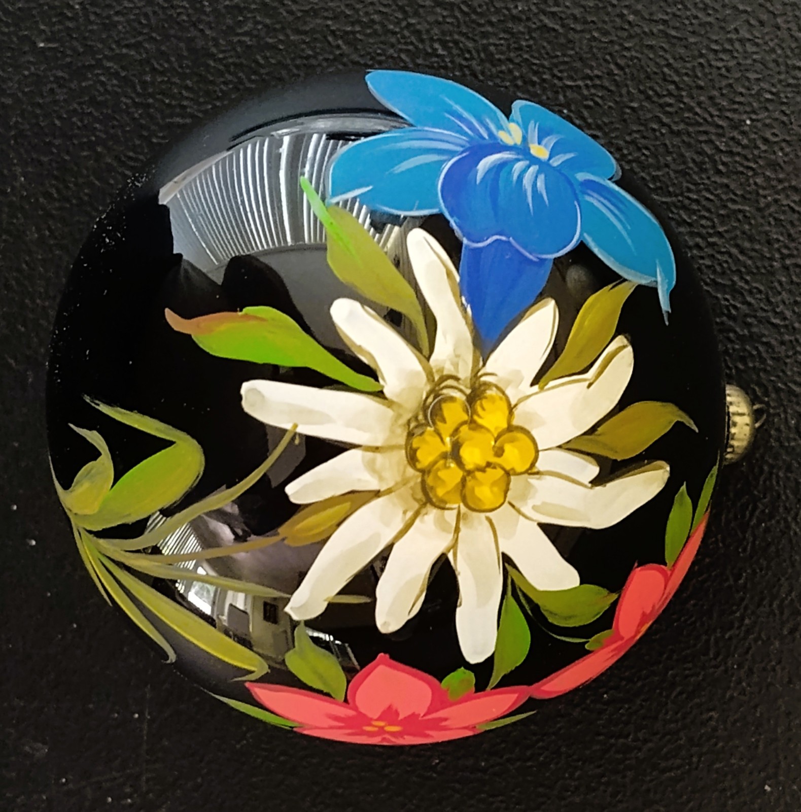 VTG Hand Painted Black with white,Yellow,Red &Blue Flowers Christmas Ornament-VG