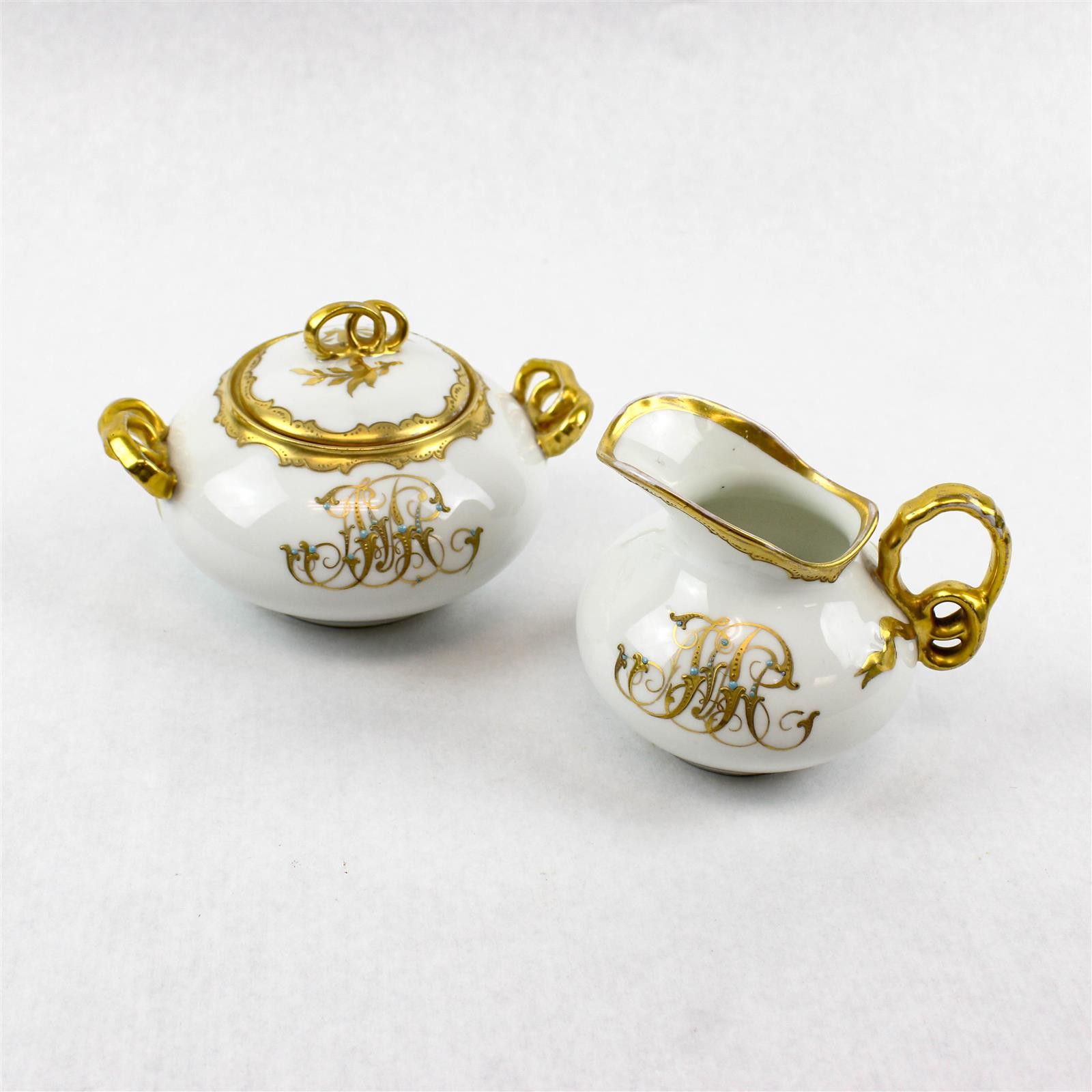 Vintage GDA White & Gold Creamer & Sugar Bowl Ribbon-Style Handle