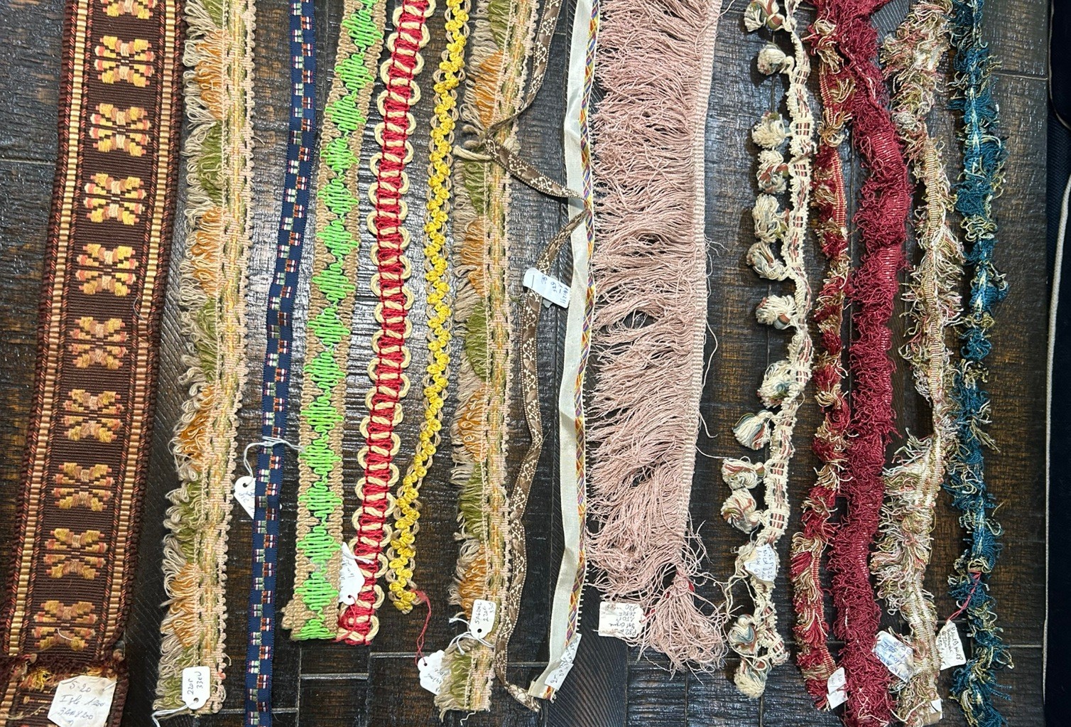 French Antique Passementerie, Jacquard, Fringe Trims. 15 Yards Total. 19/20th C.