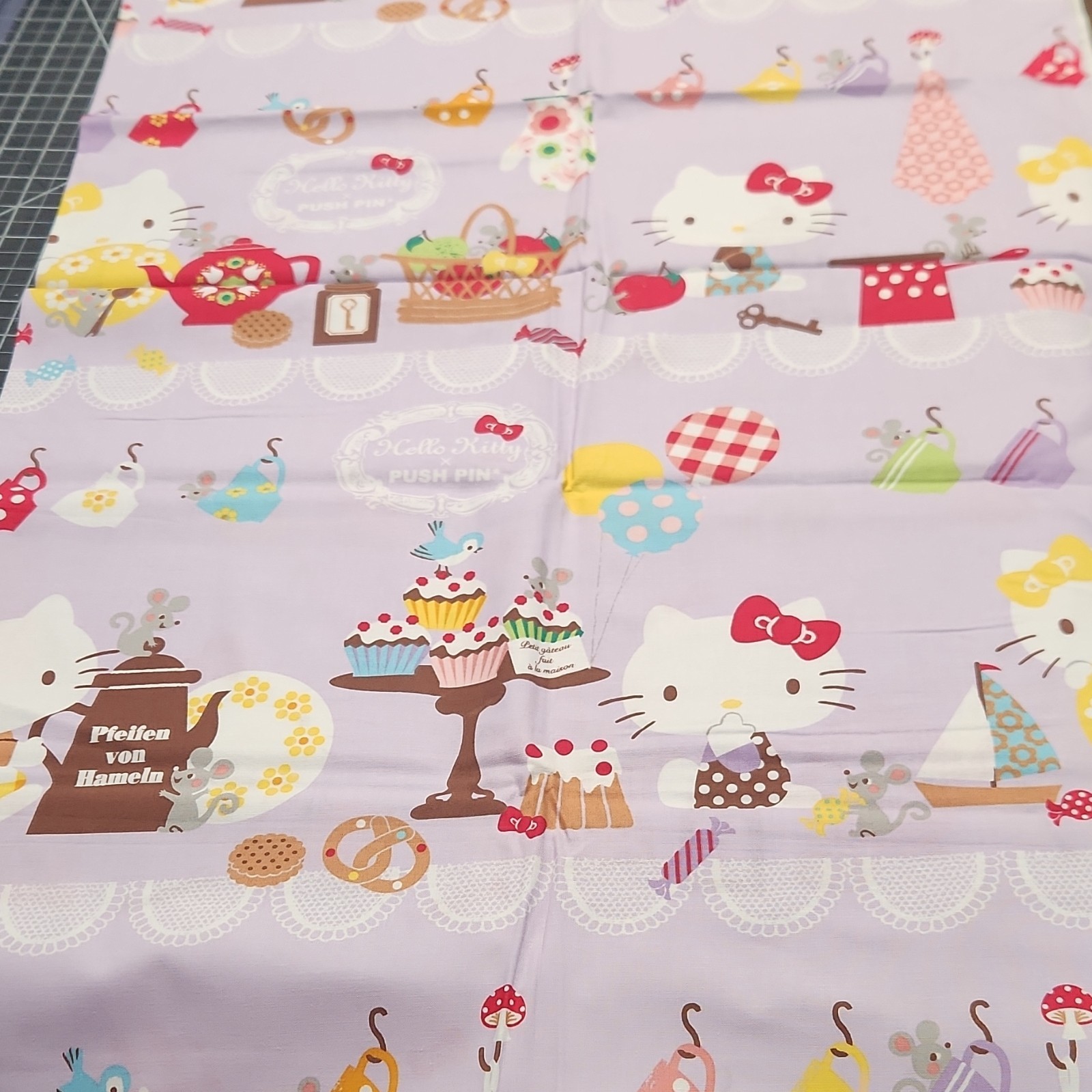 BT Yard Sanrio Hello Kitty Lavender cupcakes tea pots Mice 100% cotton fabric BT Yard Sanrio Hello Kitty Lavender cupcakes tea pots Mice 100% cotton fabric