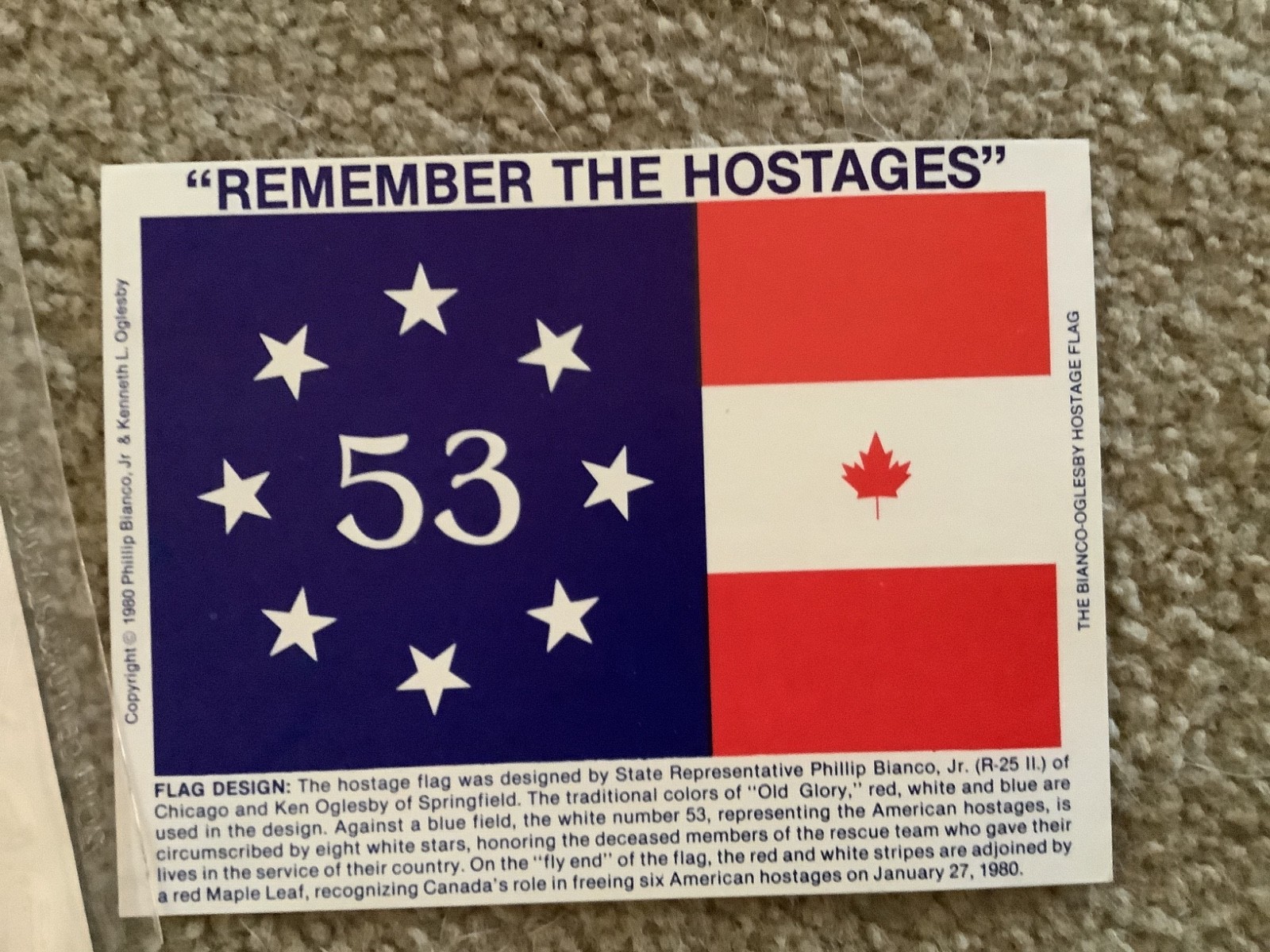 1981 Postcard Honoring 53 Historic Iranian Hostages w Bianco Hostage Flag 1981 Postcard Honoring 53 Historic Iranian Hostages w Bianco Hostage Flag