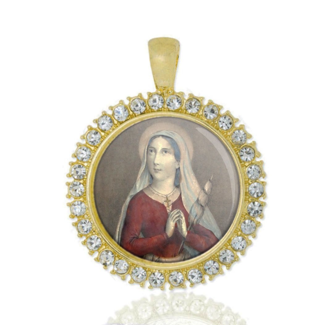 St Germaine Cousin Christian Round Medal Gold Tone Pendant with Rhinestones