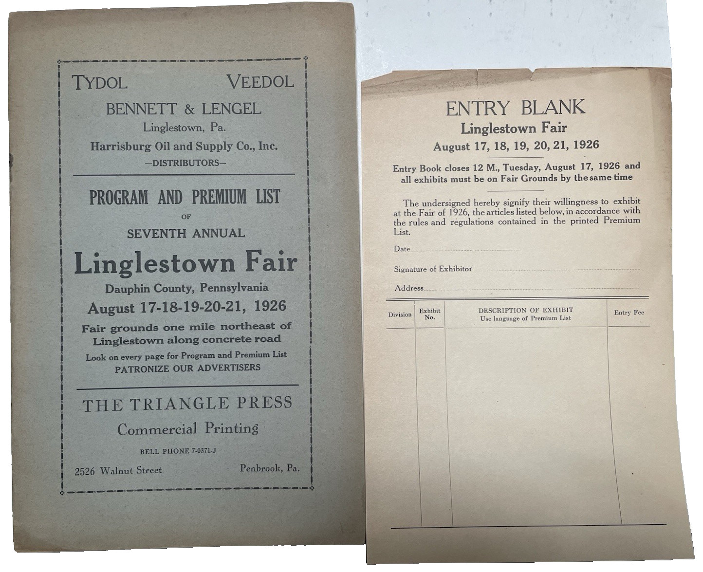 Orig Atq 1926 Linglestown PA Fair Program and Entry Form Dauphin Co Ephemera 40p