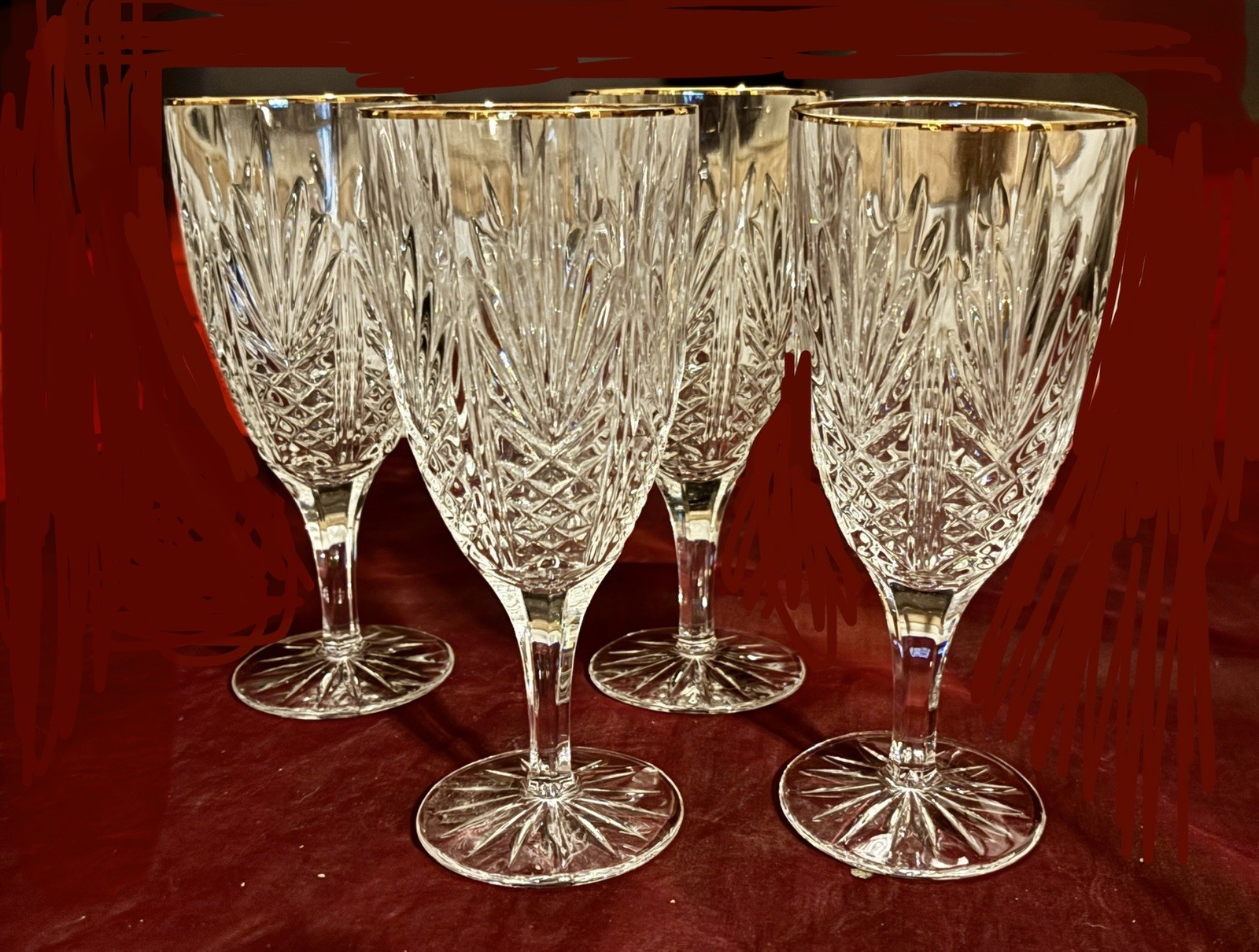 4 Mikasa Gold Crown crystal water goblets,, from 1983–1987 4 Mikasa Gold Crown crystal water goblets,, from 1983–1987