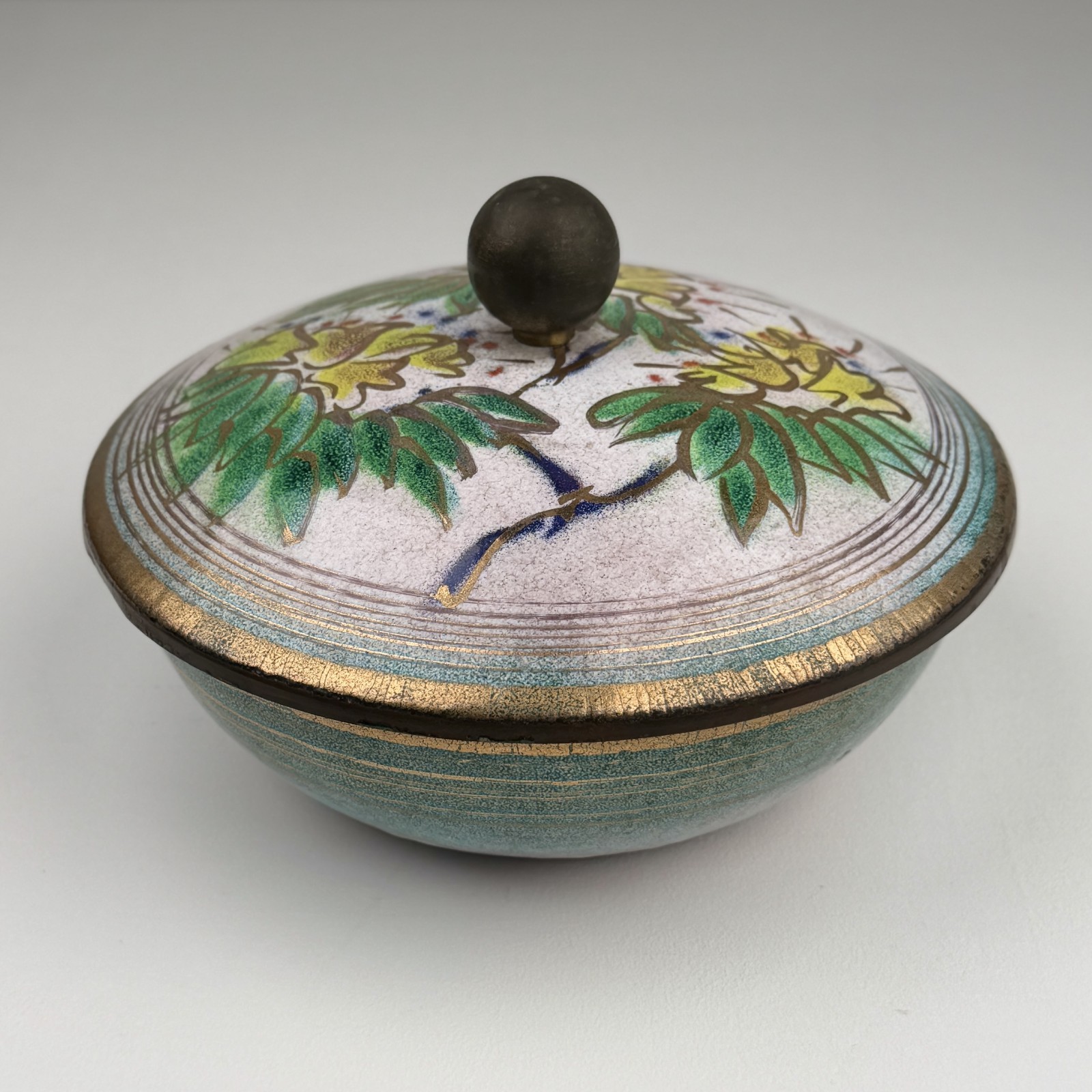 Vintage Enamel on Copper Covered Bowl Mid Century Floral Trinket Dish 7.5\