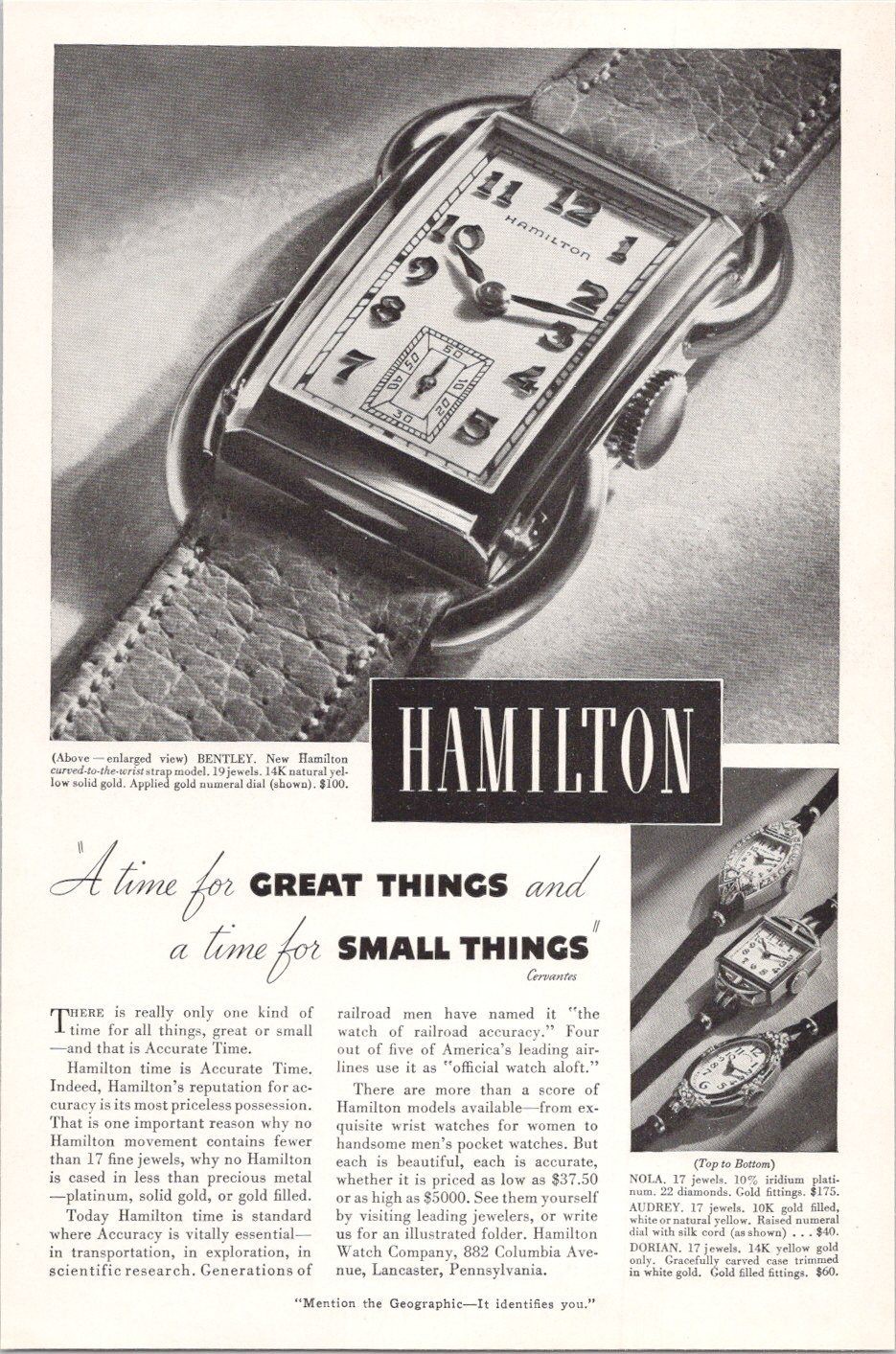Hamilton Vintage 1938 Print Ad Bentley Watch 14K Gold Strap