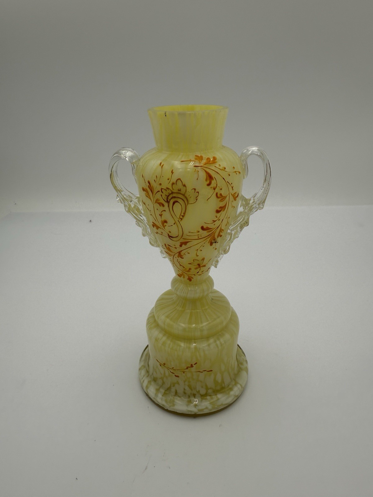 Vintage Hand Blown Hand Painted yellow Glass Vase on stand 6.5\