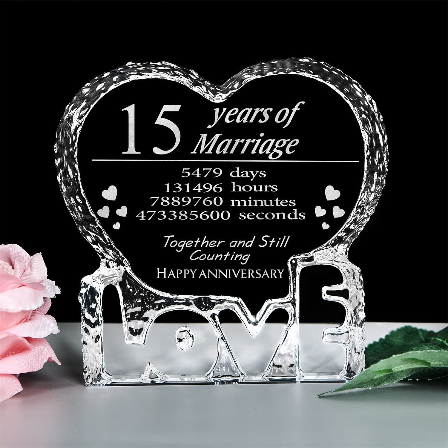 KWOOD Customized Engraved Heart-Shaped Crystal, 15 Year 15th Anniversary Wedding