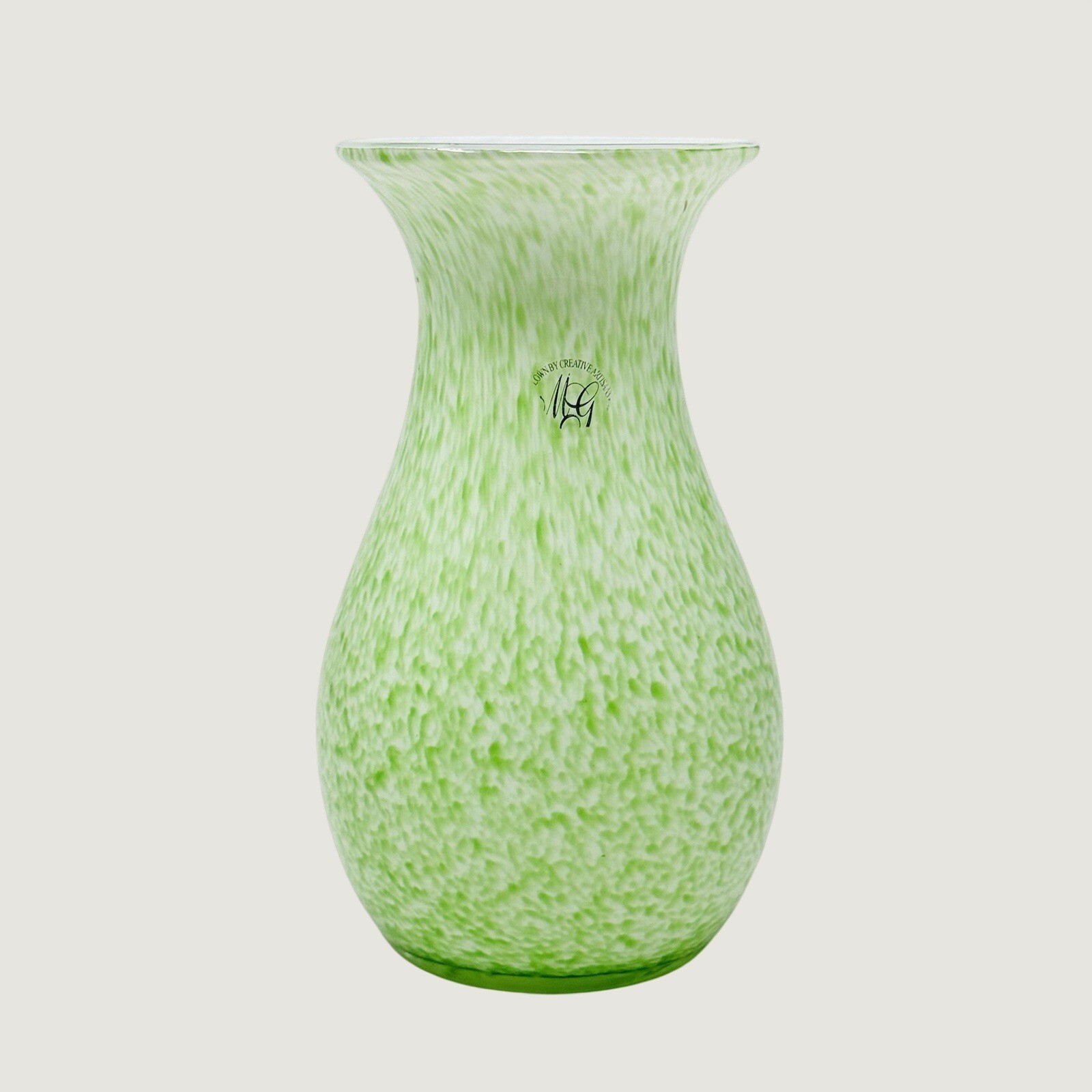Creative Artisans Hand Blown Art Glass Vase Green White Spatter Trumpet 8 Y2K