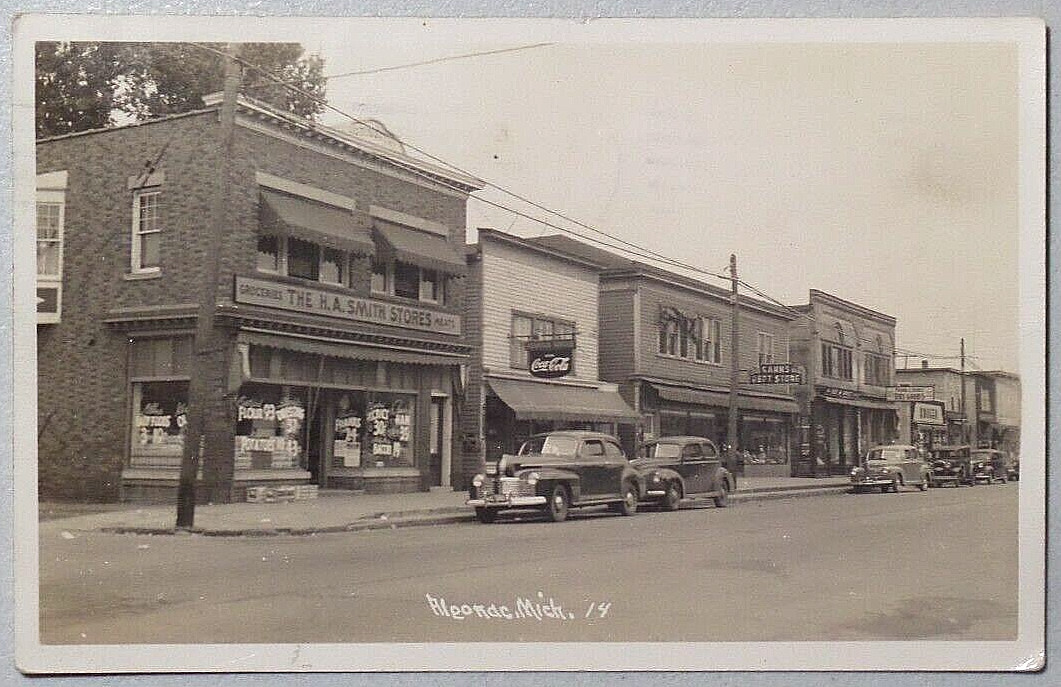 Algonac Michigan Downtown Street View Stores Cars Coke 1946 Postcard RPPC 2237
