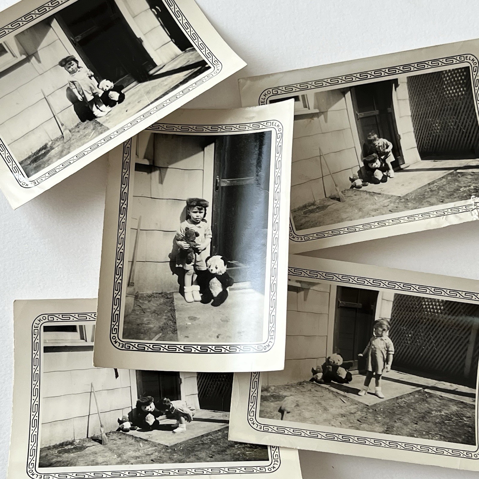 Vintage Snapshot Photograph Adorable Little Boy Putting Hat On Panda Bear Sweet