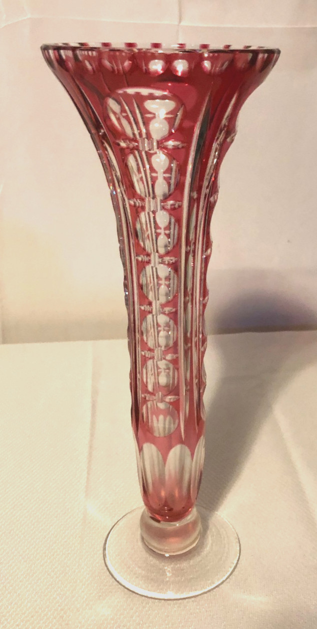 Vintage Bohemian Ruby Red Cut to Clear Crystal Glass Trumpet Flower Vase/12.5 in