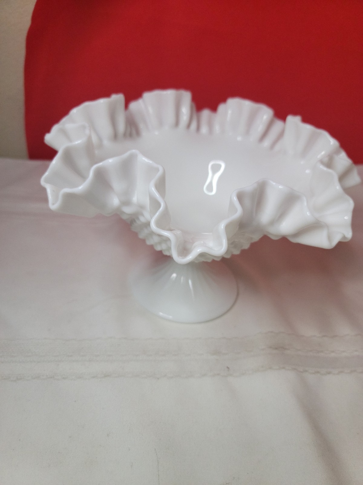 Vintage Fenton White Milk Glass Hobnail Pedestal Bowl Compote-Ruffled Edge
