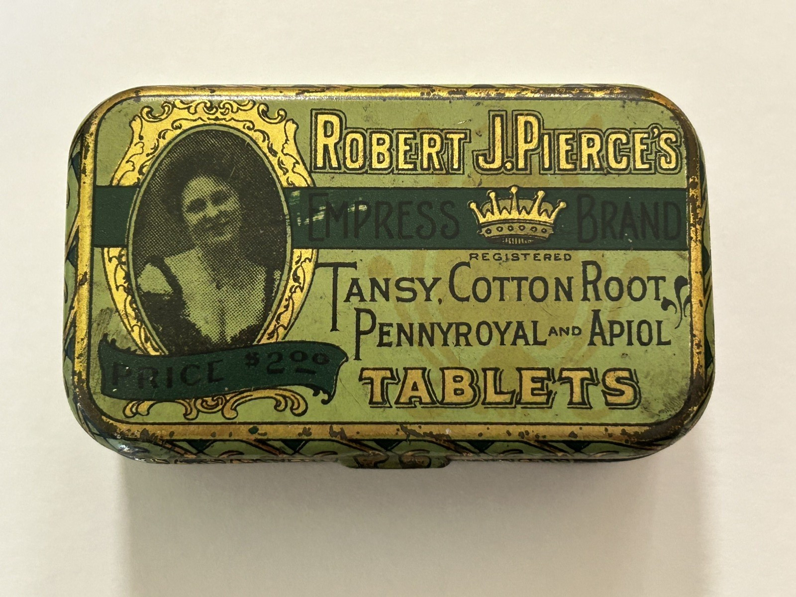 Small Vintage Tin Robert Pierce\'s Tansy Cotton Root with Little Wood Hearts