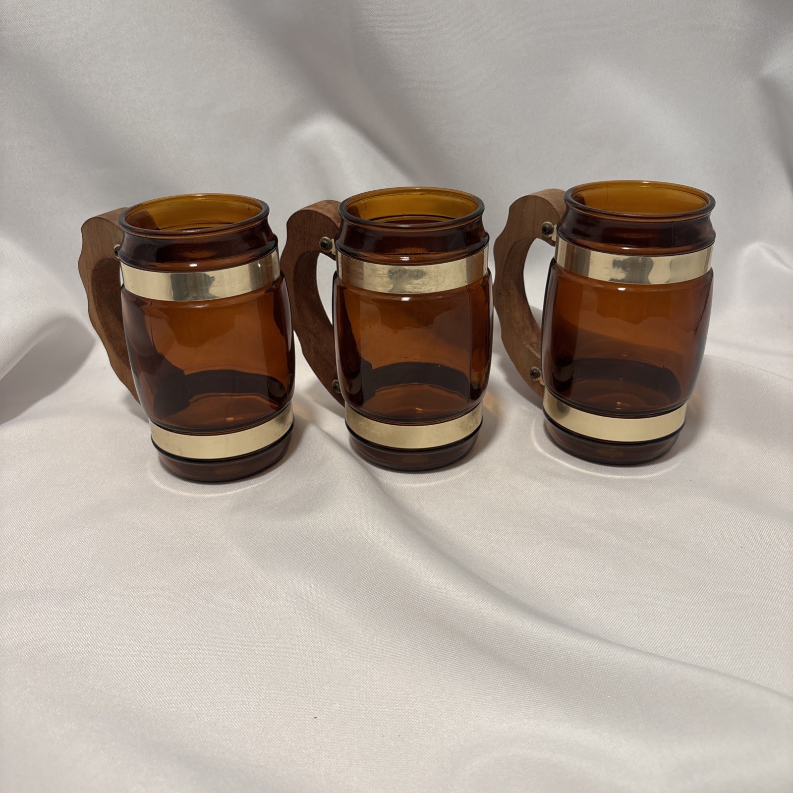 Vintage Siesta Ware Amber Bar Mugs With Wooden Handle Set Of Three