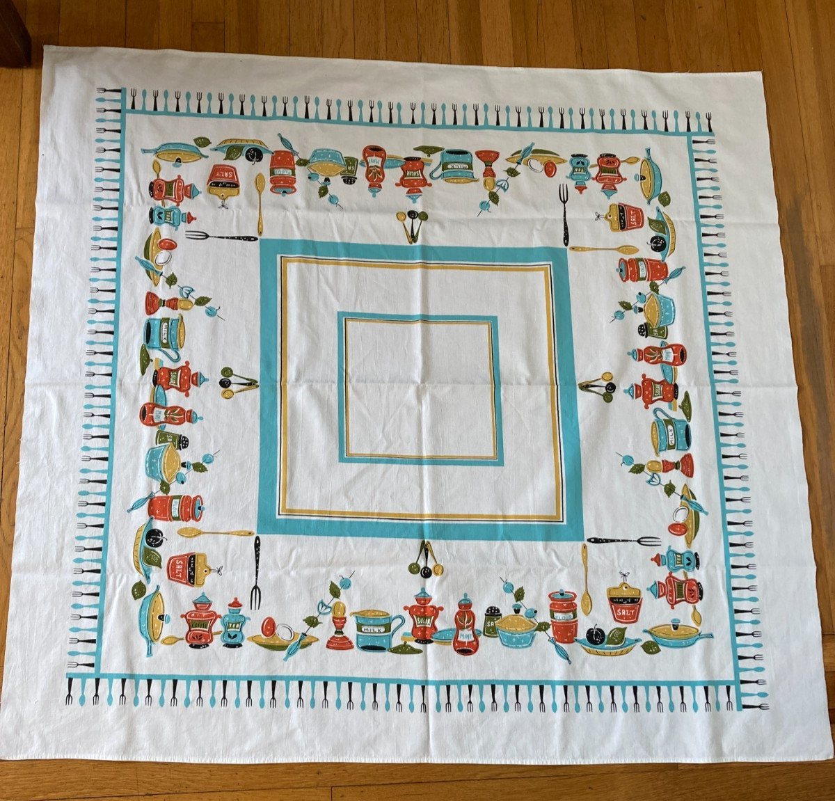 Vintage 50\'s cotton tablecloth border kitchen items farmhouse cottagecore
