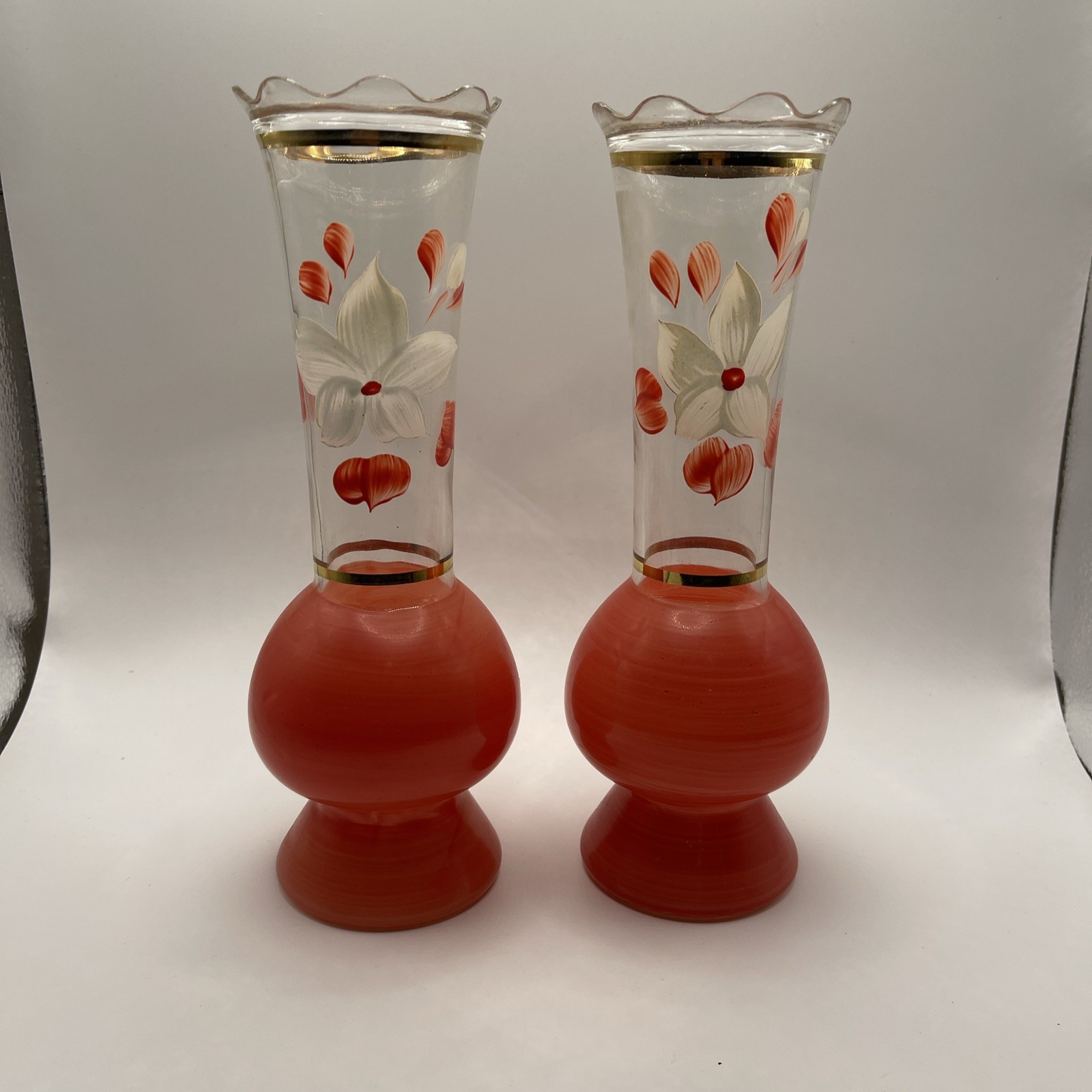 VINTAGE pair of glass, RED, HAND PAINTED BUD VASES. Mid-century modern. VINTAGE pair of glass, RED, HAND PAINTED BUD VASES. Mid-century modern.