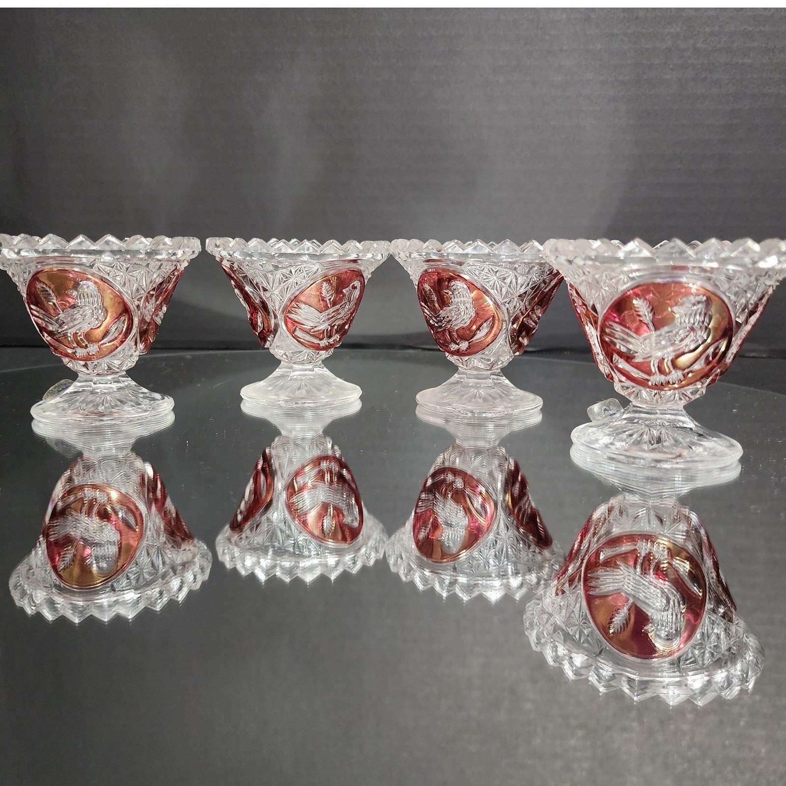 Hofbauer/Amaris Ruby Flash Bird Crystal Salt Cellars x4 Footed Cut Glass Dishes