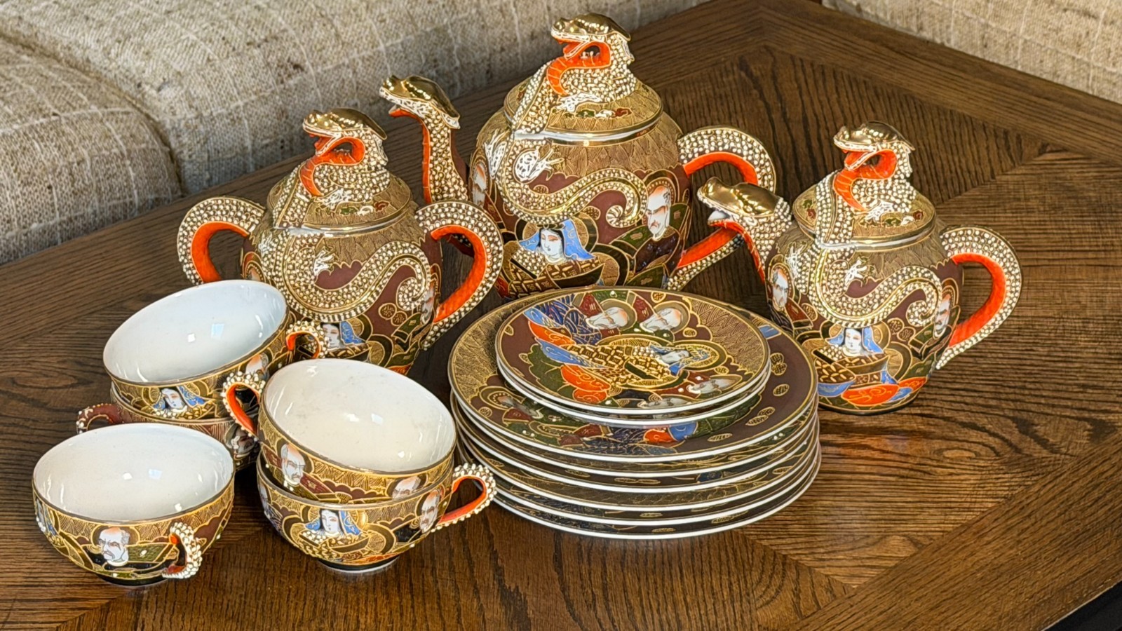 Vintage Japanese Satsuma Moriage Dragon Ware Tea Set 19 Pc Hand Painted Japan
