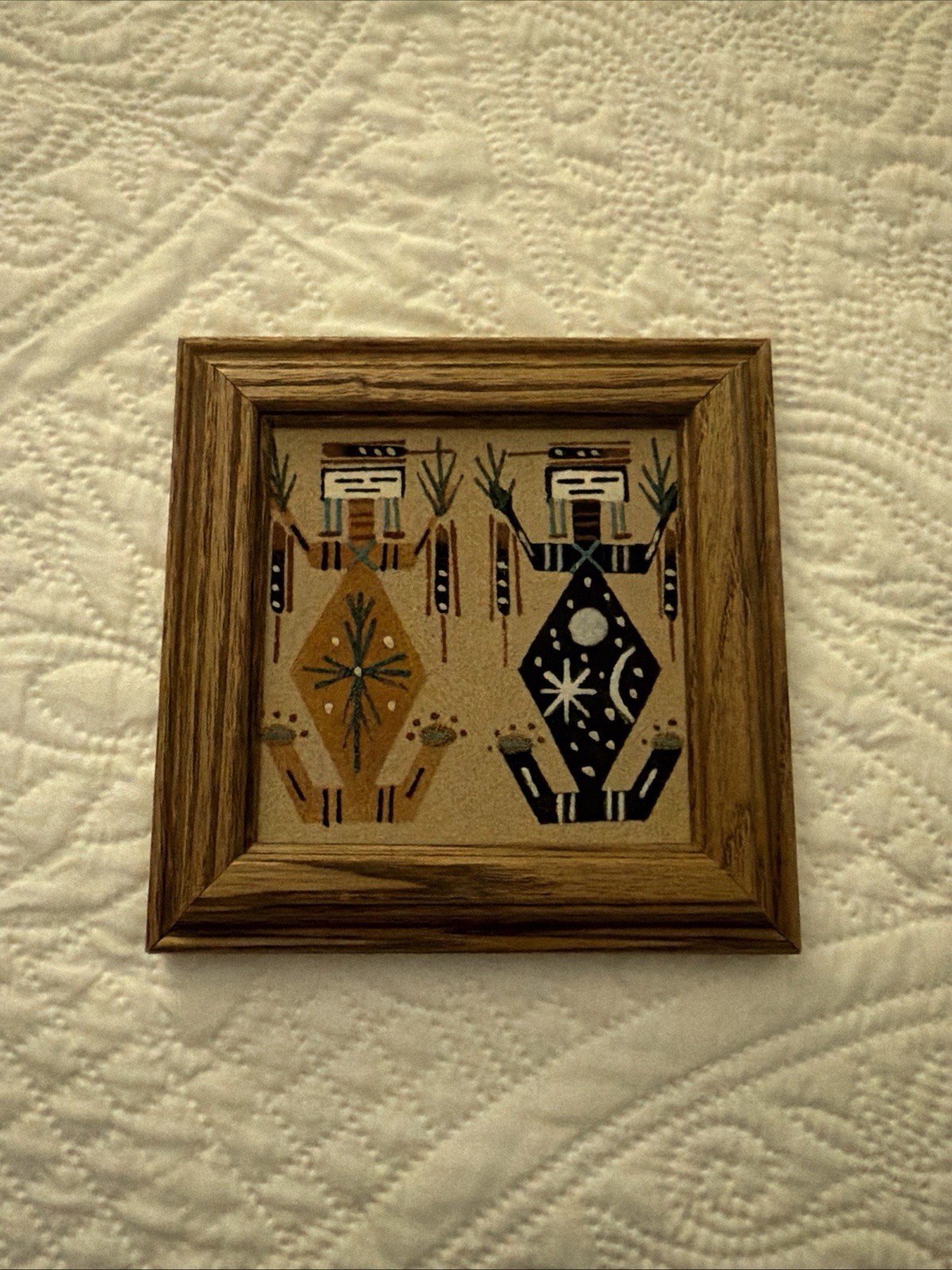 Native American Authentic Navajo Sandpainting Wood Frame 5” X 5”