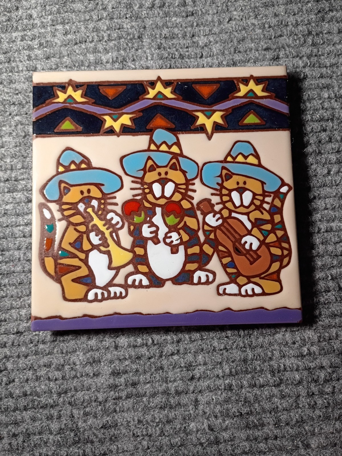 Vintage 2006 Earthtones Ceramic Tile Art Meowriachi Band Decor Made In The USA 