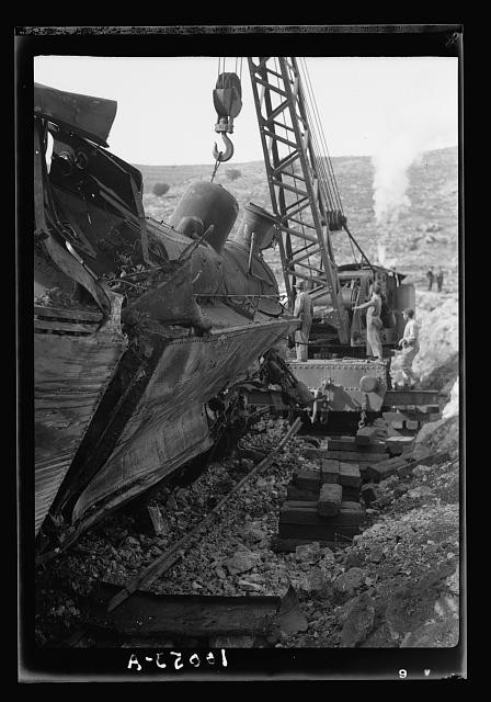 Photo:Jerusalem Lydda Railroad Line 1938 Overturned Locomotive GOC Visits