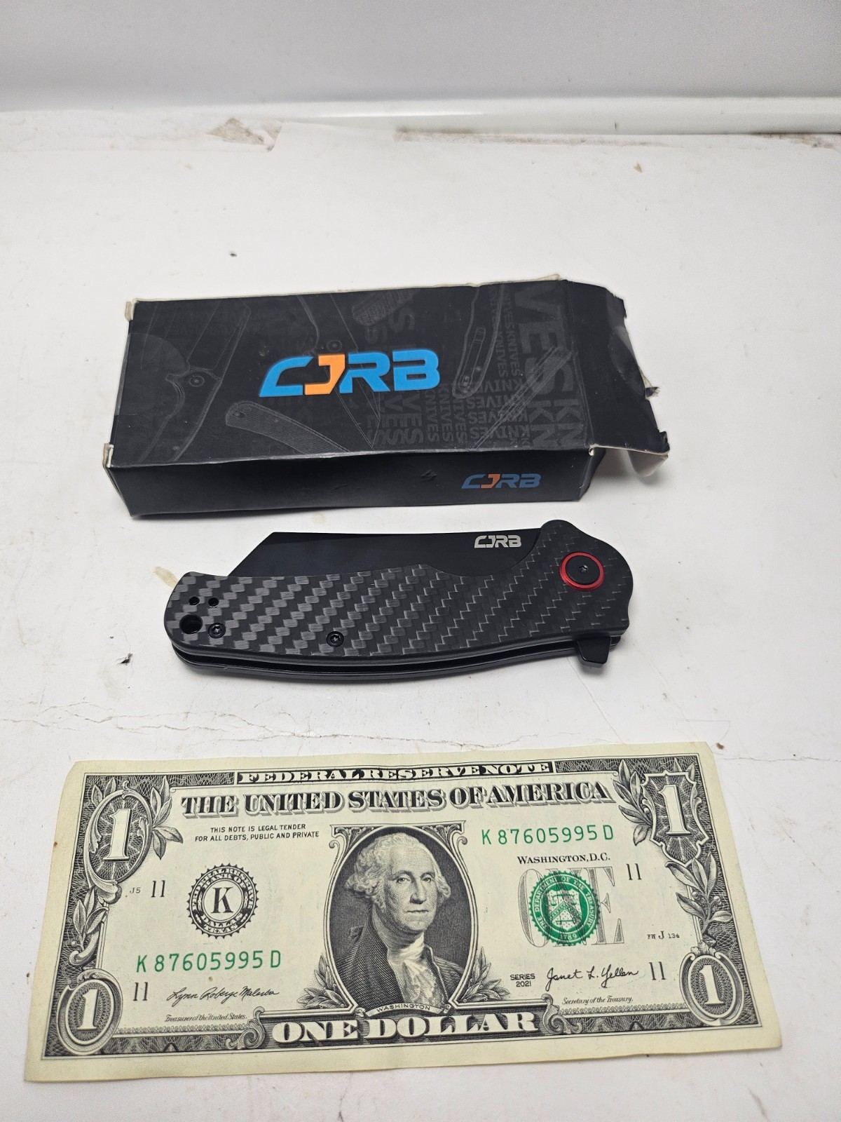 CJRB Crag Flipper & Liner Lock Folding Knife Carbon Fiber Handle. 3.5\