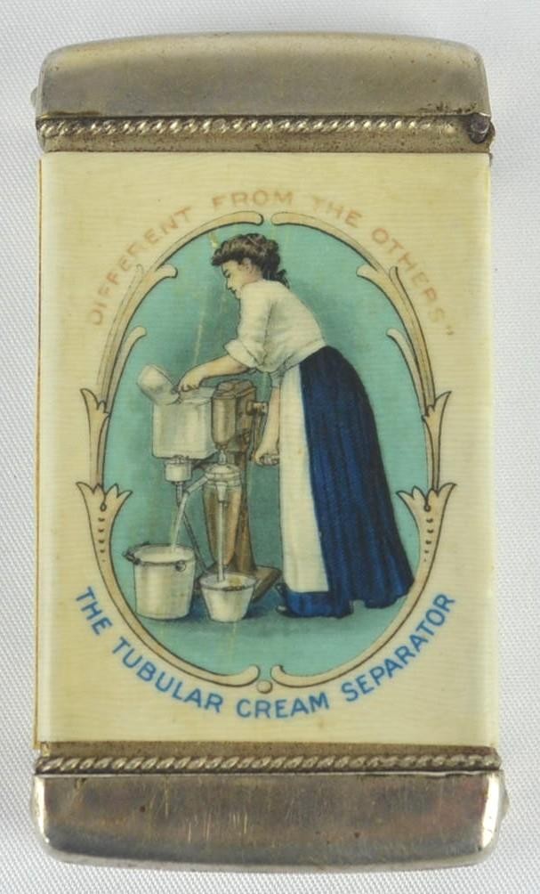 ANTIQUE c1910 SHARPLES TUBULAR CREAM SEPARATOR CO. MATCH SAFE - CELLULOID WRAP