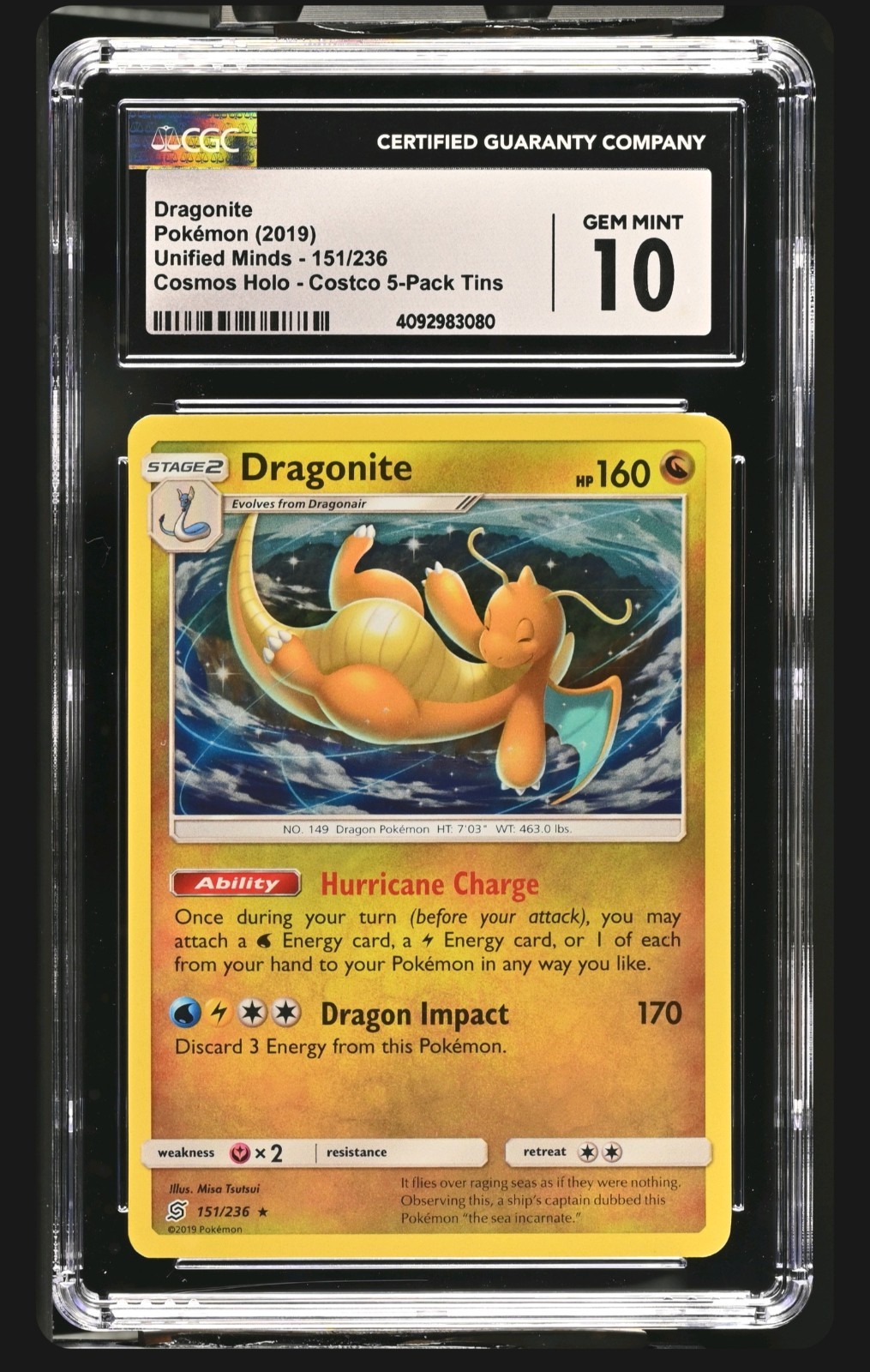 2019 Pokemon Unified Minds Dragonite 151/236 Cosmos Holo CGC 10 Gem Mint Promo