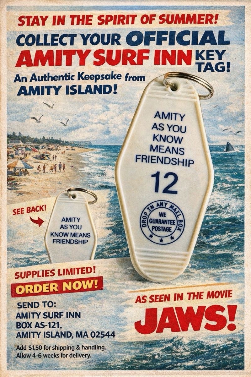 Amity Surf Inn JAWS Inspired Keytag￼￼