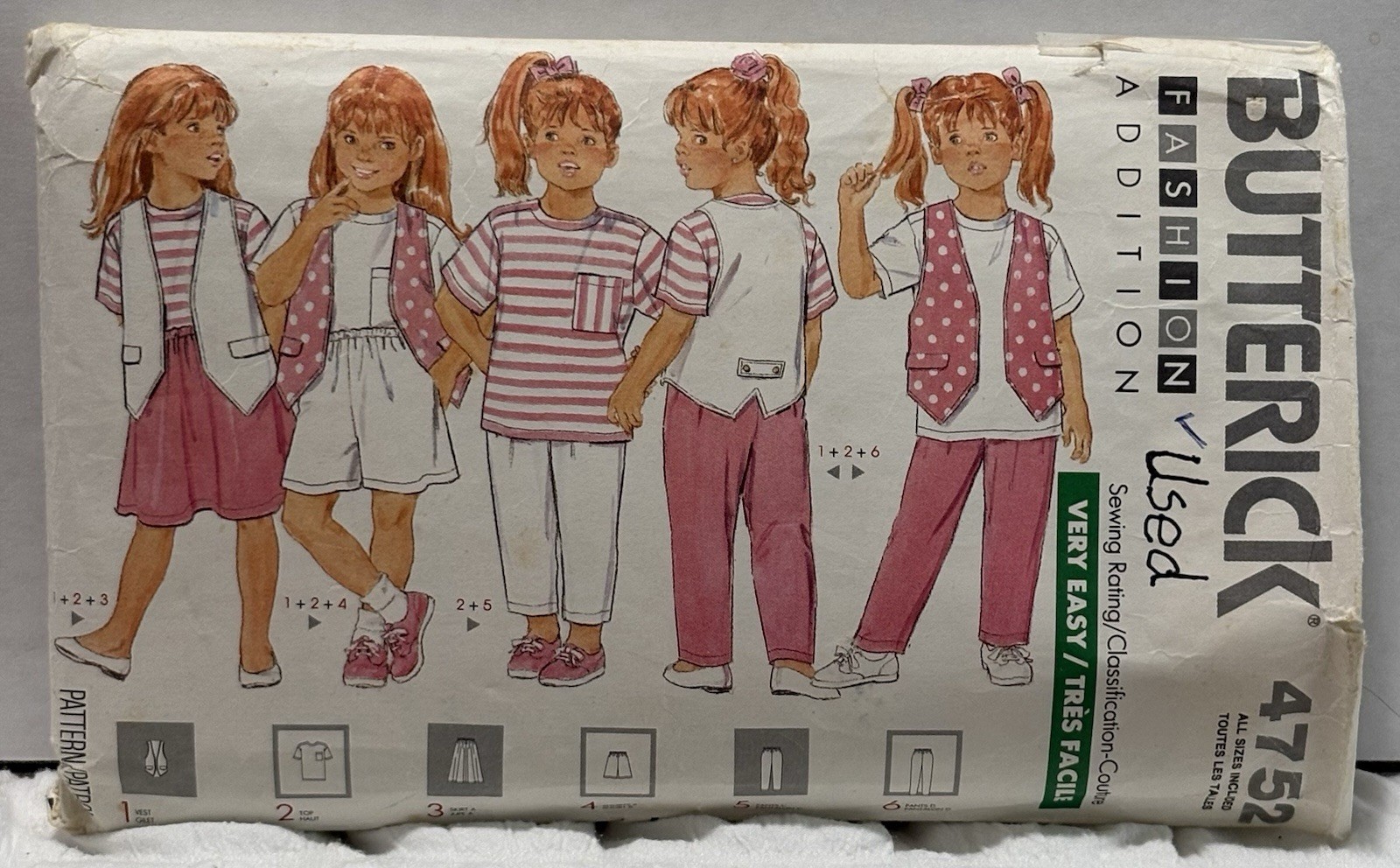 Butterick 4752 Size 2-6x Vest, Top, Skirt, Shorts And Pants *PREOWNED USED