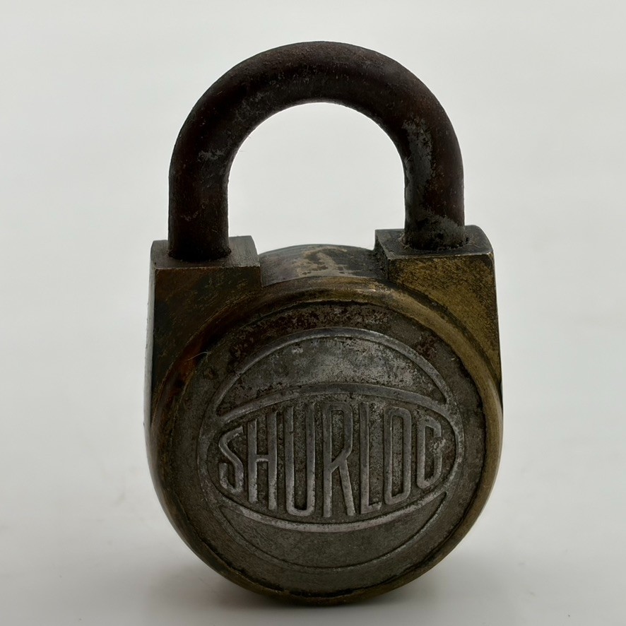 VINTAGE SHURLOC  BRASS PADLOCK Unarked No Key Art Deco MCM Writing Style