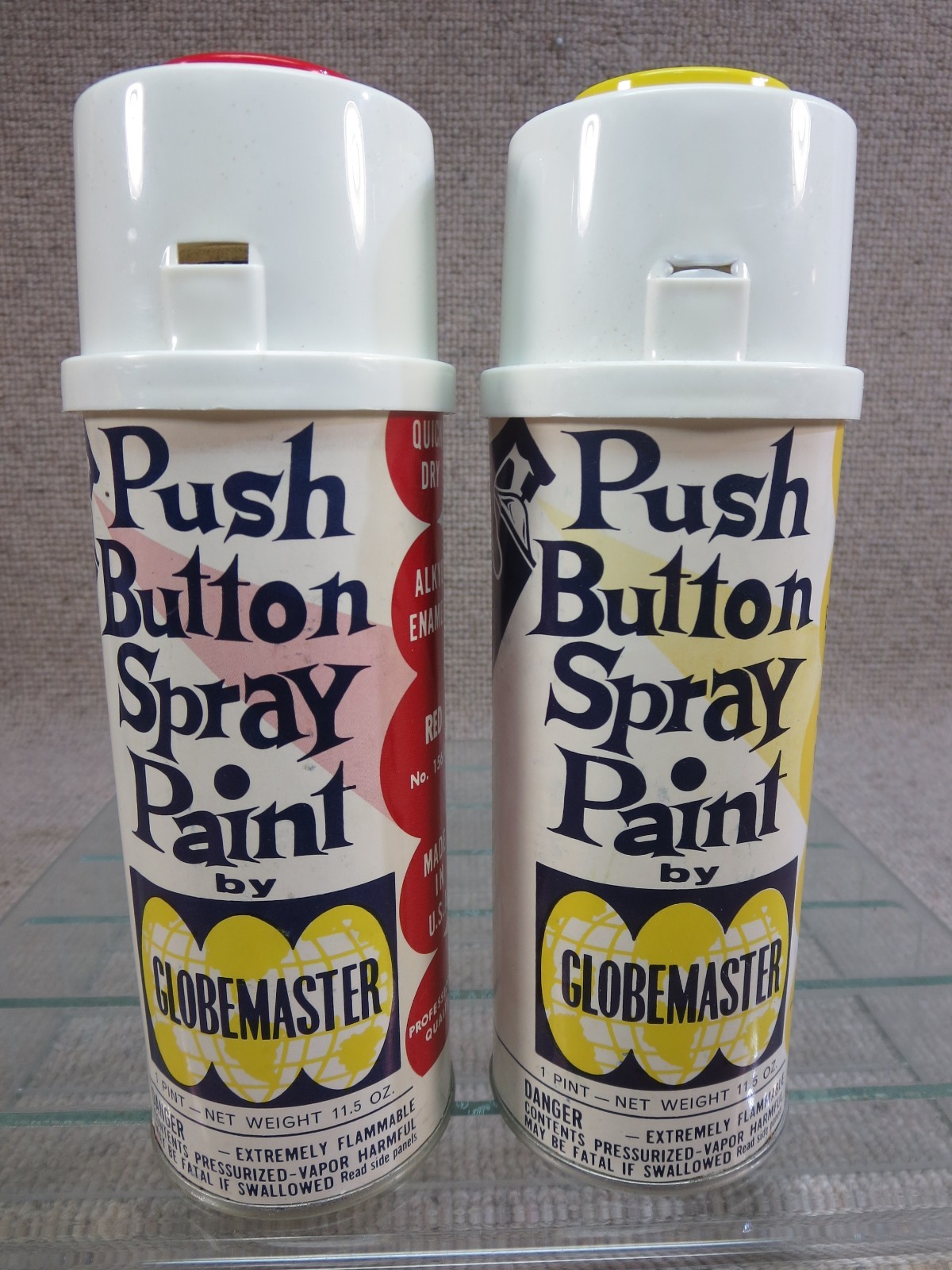 2 Vtg Globemaster Spray Paint Can Lot Red Yellow Button Top Paper Label Houston