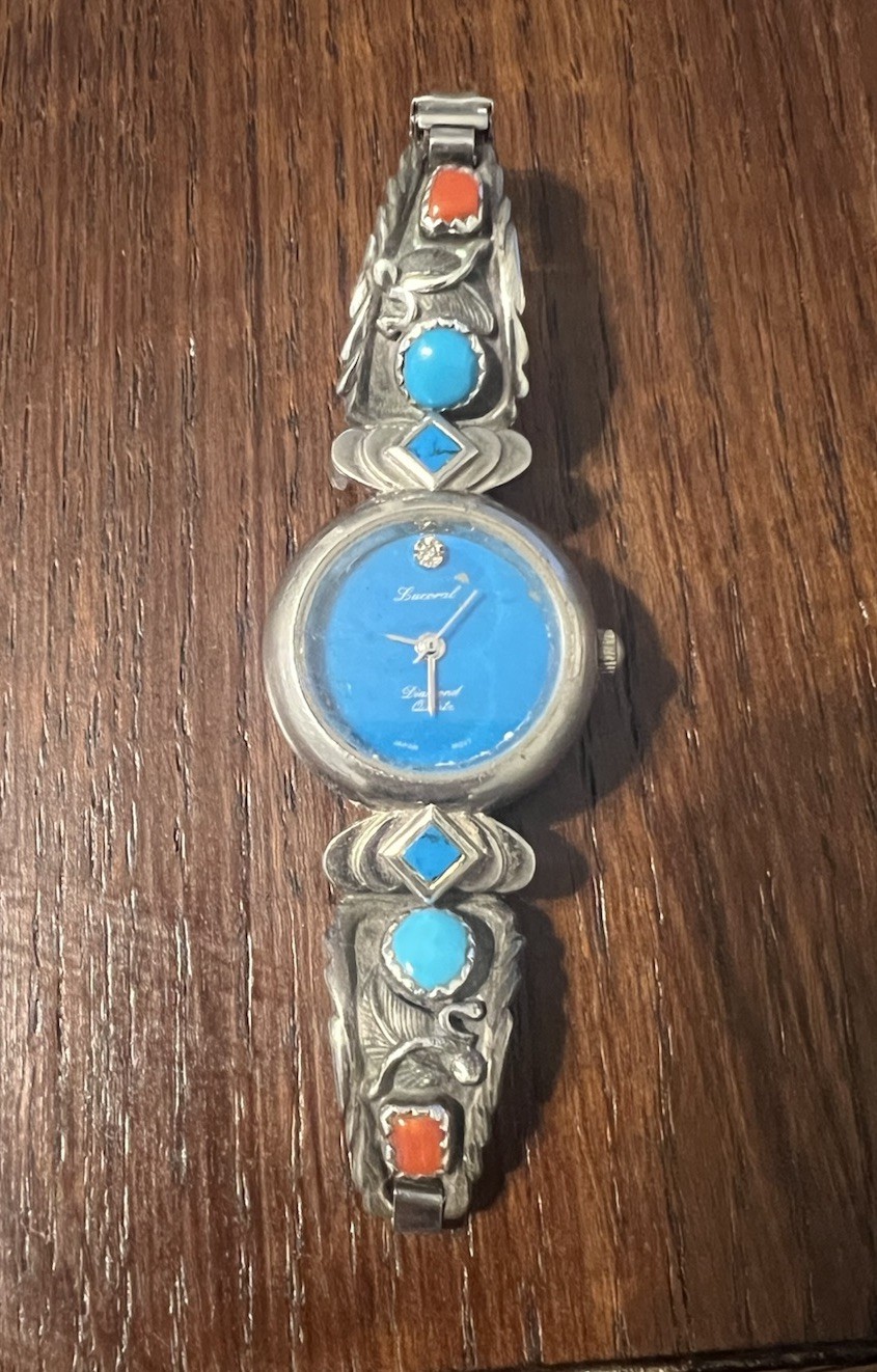 Vintage Navajo Turquoise & Coral Watchband w/Lucoral Diamond Quartz Watch signed
