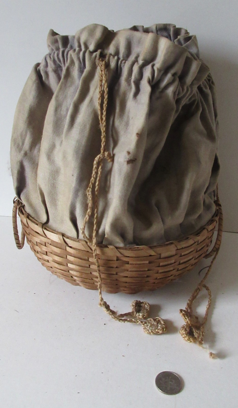 Wabanaki basket & cloth purse - w/crochet drawstring c/1890-1920; hoop handles