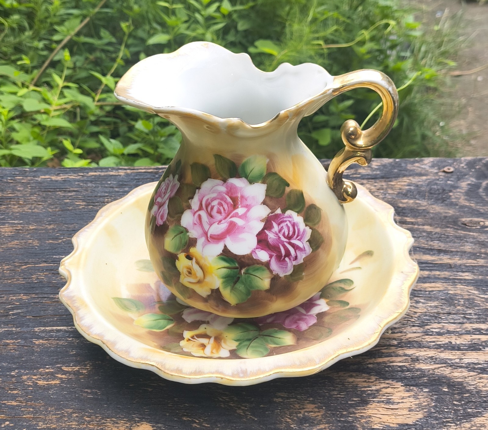 Enesco Hand Painted Roses Gold trim Pitcher & Bowl porcelain Victorian style set