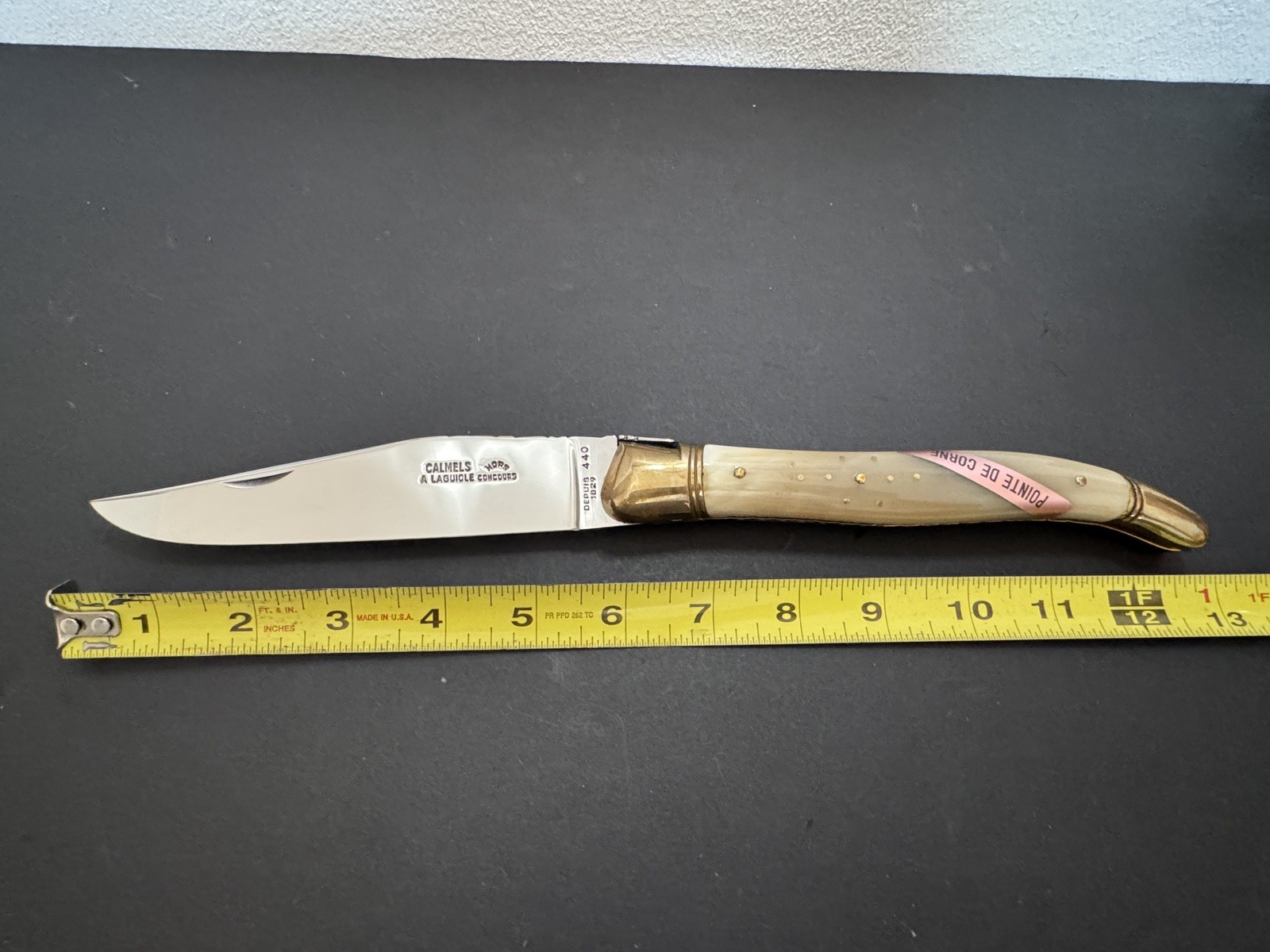 Jumbo Laguiole Calmels Hors Concours Brass Horn knife with Sheath 13 Inches Jumbo Laguiole Calmels Hors Concours Brass Horn knife with Sheath 13 Inches