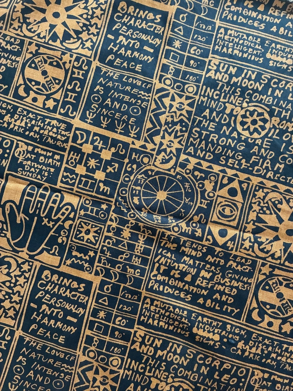 Vtg 60s Heavy Cotton Fabric Novelty Print Astrology Palm Reading  45