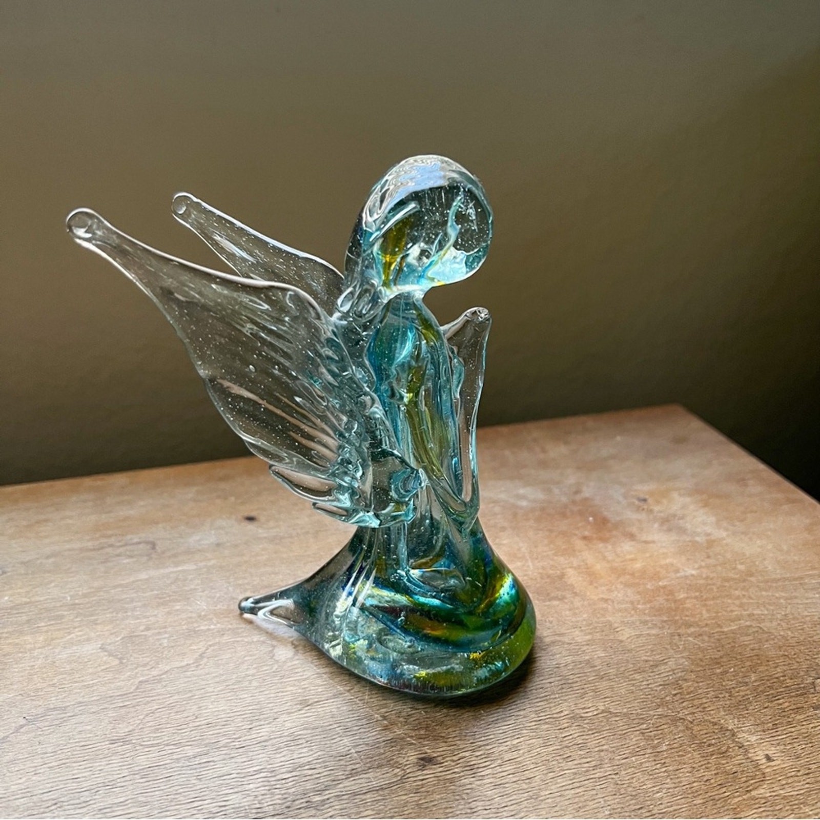 Handblown Glass Angel Praying Figurine Art Glass Blue Yellow Swirls 5