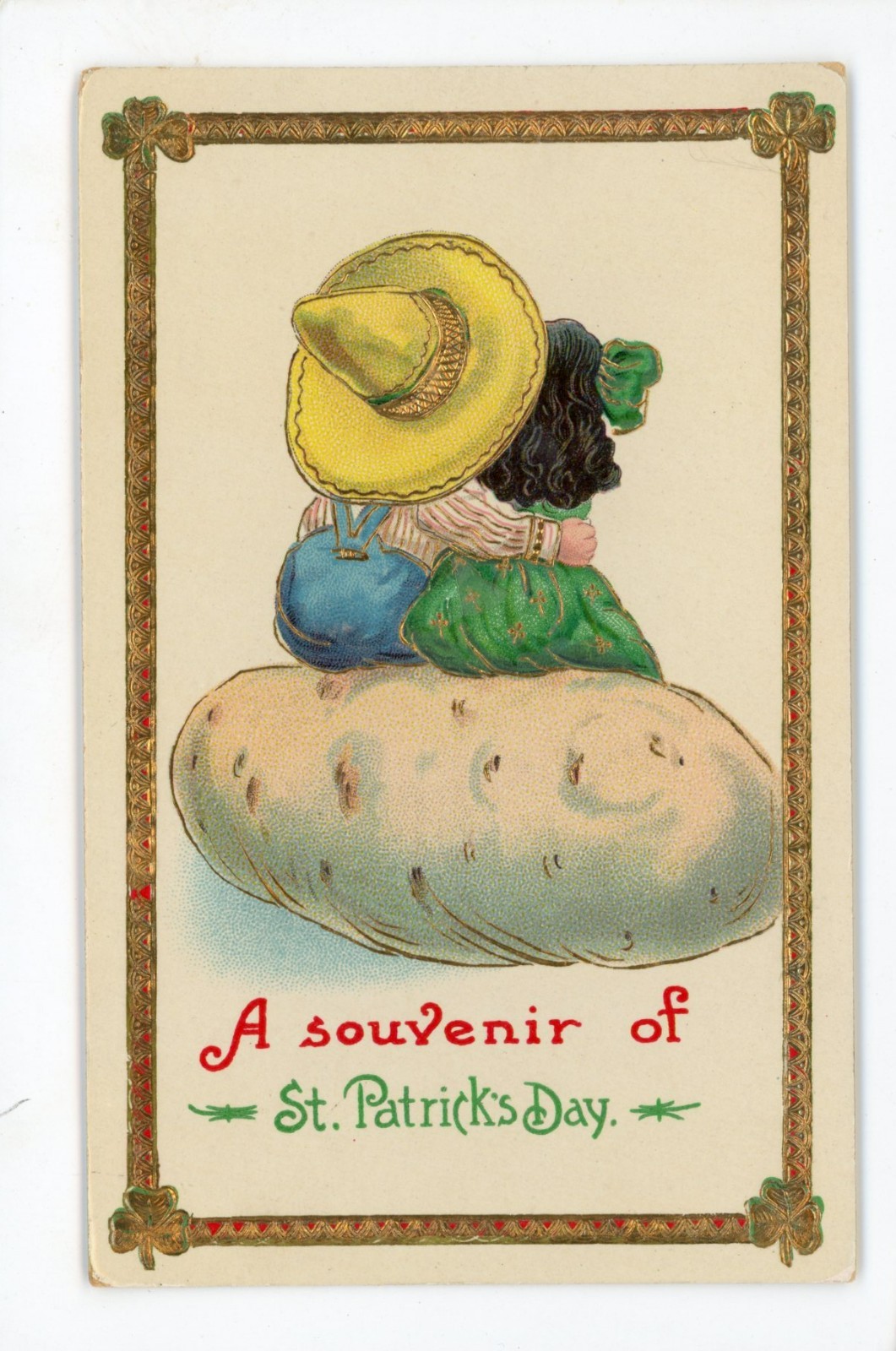 Vintage Postcard Holiday St Patrick\'s Couple Hugging Embossed Gel Gold 1914