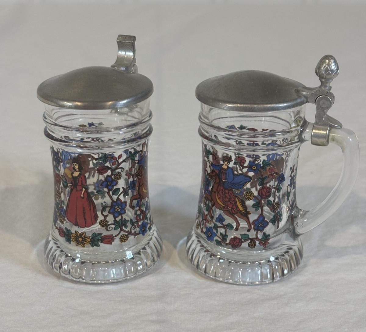 BMF Germany Mini Pressglas Lidded Stein Pair Folk Art Horseman Lady Vintage VG